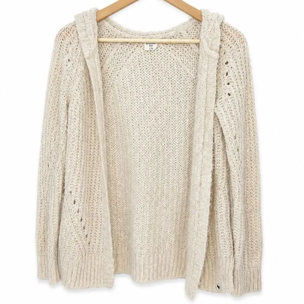 Abercrombie Kids Ivory Hooded Open Knit Cardigan Sweater Size 7/8 Cozy Boho
